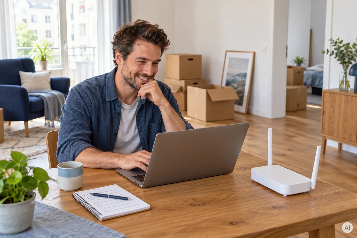 Ein Mann plant am Laptop den Internetanschluss in seiner neuen Wohnung, neben ihm stehen ein Router und Umzugskartons