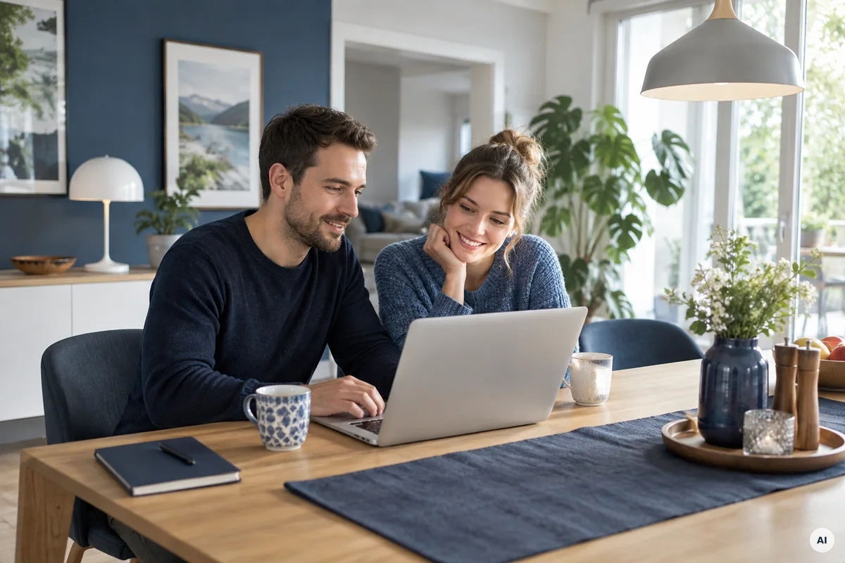 Ein Paar nutzt gemeinsam einen Laptop am Esstisch zu Hause
