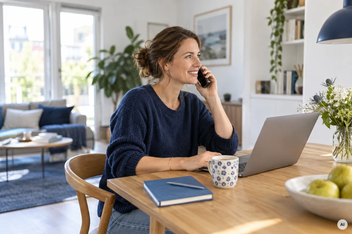 Eine Frau telefoniert zu Hause neben einem geöffneten Laptop
